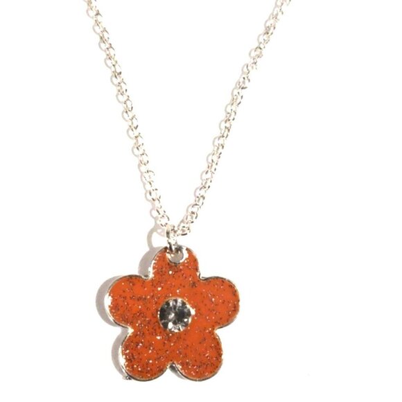 Silver-Tone Chain Flower Pendant Necklace – Glitter Enamel & Crystal Center - Picture 3 of 8